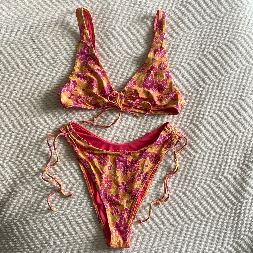 PacSun LA Hearts 70s Tropical Swim Set — XS — Orange/Pink/Yellow Floral